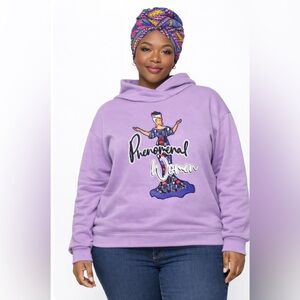 New 2X Plus Ladies Phenomenal Woman Graphic Purple Cross Neck Hoodie, INDENT